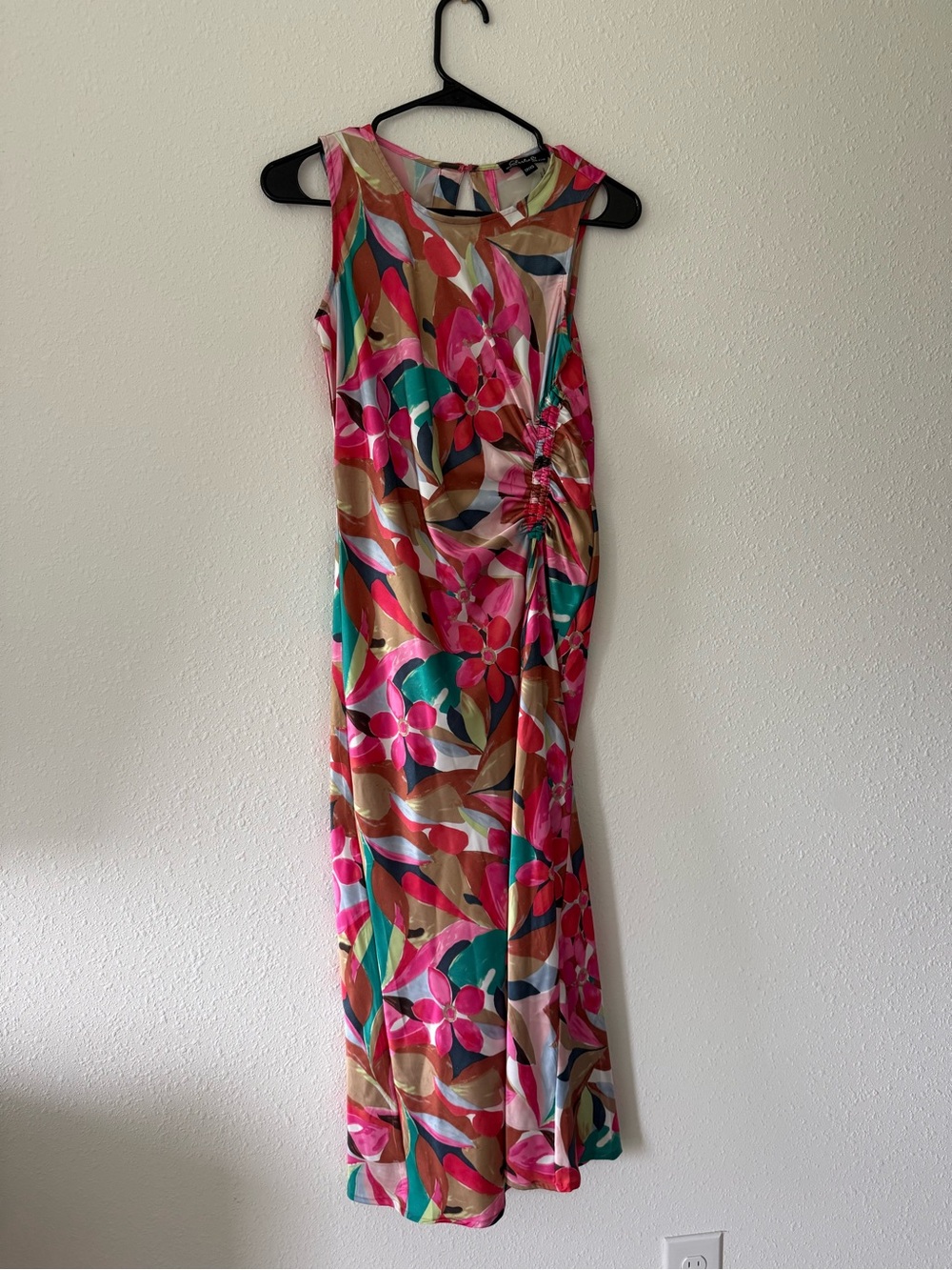 CHARLIE B Pink, Teal & Brown Floral Sleeveless Ruched Maxi Dress